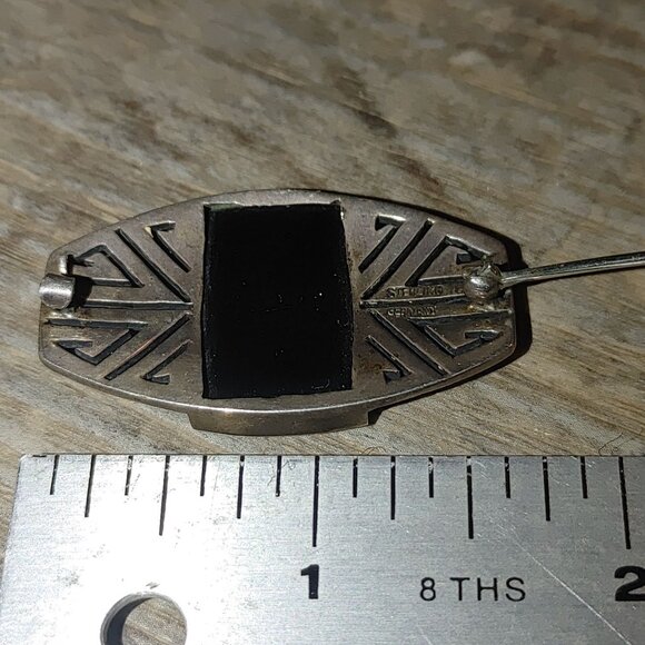 Brooch Antique Art Deco Sterling Silver Black Onyx Brooch Pin Made In Germany - Picture 3 of 15